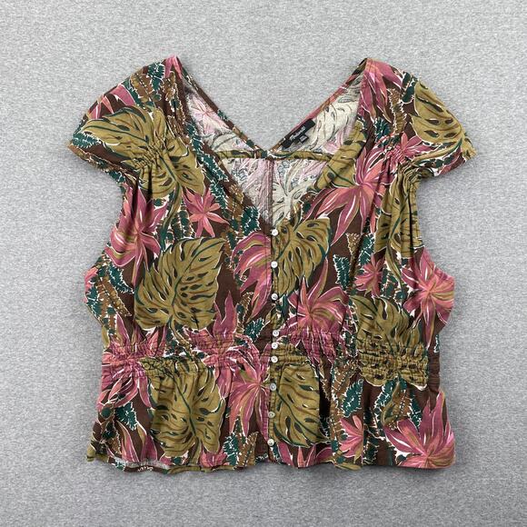Madewell Top Womens XXL Green Pink Tropical Floral Linen Blend Cap Sleeve Summer - Picture 1 of 15